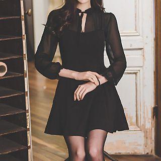 Long-sleeve Chiffon Panel A-line Dress