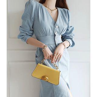 Half-placket Band-waist Denim Dress Blue - One Size