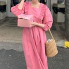 Ruffle Trim 3/4-sleeve Midi A-line Dress Pink - One Size
