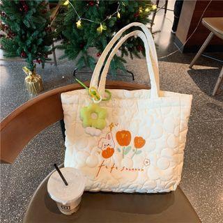 Flower Embroidered Quilted Tote Bag / Bag Charm