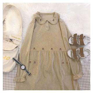 Embroidered Corduroy Collared Long Sleeve Dress