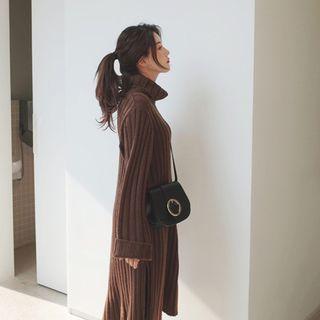 Turtle-neck Loose-fit Rib-knit Sweater Dress