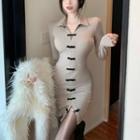 Collared Frog Button-up Mini Sheath Dress Khaki - One Size
