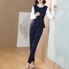 Tie-neck Peplum Blouse / Straight-cut Pants