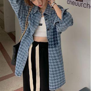 Houndstooth Long Denim Jacket Blue - One Size