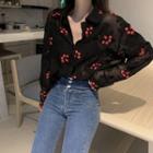 Long-sleeve Floral Embroidered Blouse Black - One Size
