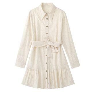 Tie-waist Embroidered Mini Shirt Dress