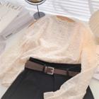 Long-sleeve Round Neck Embroidered Blouse Almond - One Size