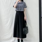 Short-sleeve Plaid Crop Shirt / Midi A-line Skirt / Set