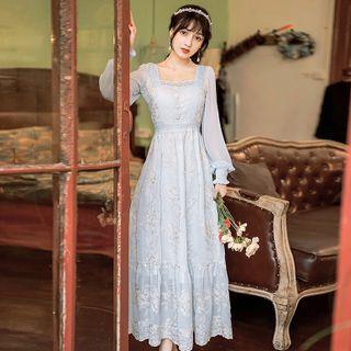 Puff-sleeve Square-neck Midi A-line Lace Dress
