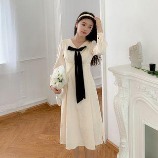 Long-sleeve Neck Tie Midi A-line Dress