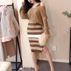 Set: Off-shoulder Sweater + Sleeveless Striped Midi Knit Dress Set - Sweater - As Shown In Figure - One Size / Midi Dress - As Shown In Figure - One Size
