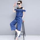 Set: Cutout Panel Top + Wide-leg Pants
