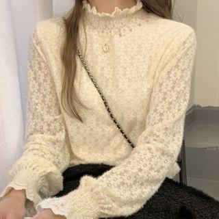 Semi High-neck Long-sleeve Flower Trim Cutout Lace Shirt