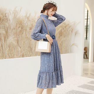 Mock-turtleneck Long-sleeve Midi Lace Dress