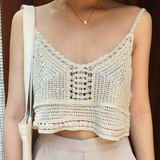 Spaghetti Strap Cropped Crochet Knit Top