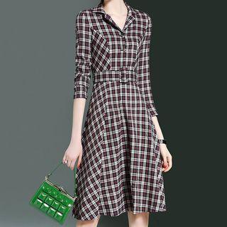 Plaid 3/4 Sleeve Collared Dress