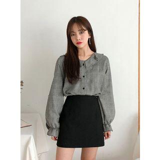Bell-sleeve Ruffle-trim Plaid Blouse