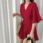 Tie Waist V-neck Elbow-sleeve Dress