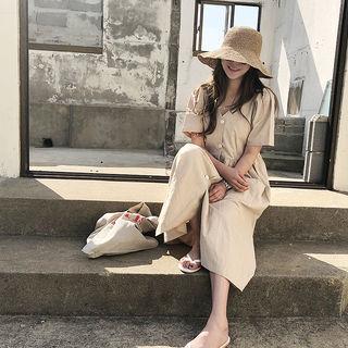 V-neck Shirred-waist Long Dress