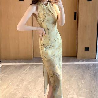 Sleeveless Print Slit-side Midi Dress