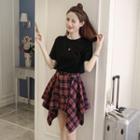 Set: Heart Print Short-sleeve T-shirt + Asymmetric Hem Plaid A-line Skirt