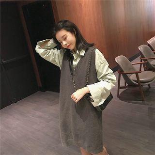 Plain Shirt / V-neck Long Knit Vest