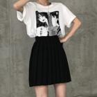 Short-sleeve Cartoon Print T-shirt / Pleated A-line Skirt