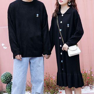 Couple Matching Embroidered Sweater / Long-sleeve Midi Knit Dress / Wide Leg Jeans