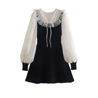 Long-sleeve Two-tone Ruffle Mini A-line Dress