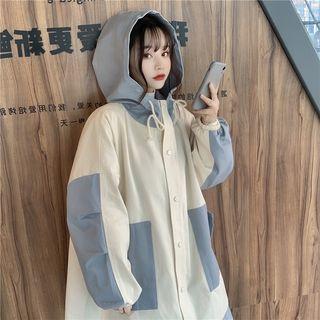 Color Block Hooded Button Jacket Blue & White - One Size