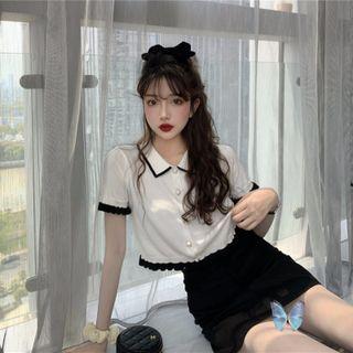 Short-sleeve Collared Cardigan / Mini Pencil Skirt