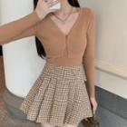 Cropped Cardigan / Camisole Top / Houndstooth Pleated Mini A-line Skirt