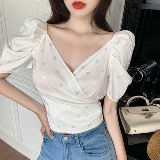 V-neck Short-sleeve Top Silver Dot - White - One Size