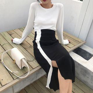 Contrast Trim Split Hem Midi Knit Skirt As Shown In Figure - One Size