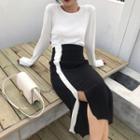 Contrast Trim Split Hem Midi Knit Skirt As Shown In Figure - One Size