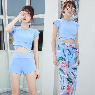 Set: Short-sleeve Swim Top + Bottom + Floral Print Cover Up