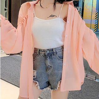 Ruched Sleeve Plain Casual Shirt Pink - One Size