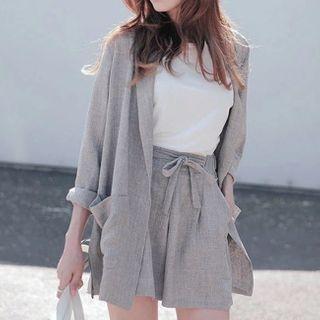 Set: Plain Blazer + Tie-waist Shorts