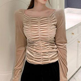 Plain Square-neck Frilled Velvet Long-sleeve T-shirt