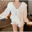 Long-sleeve Crochet Frill Trim Top + Frill Trim Shorts As Shown In Figure - One Size