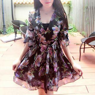 Floral Print Bell-sleeve Chiffon Minidress