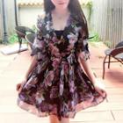Floral Print Bell-sleeve Chiffon Minidress