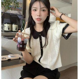 Puff-sleeve Collar Contrast Trim Knit Top