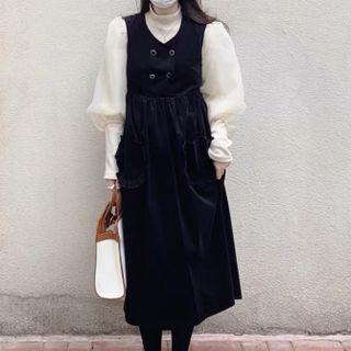 Puff-sleeve Mock-neck Top / Sleeveless Midi A-line Corduroy Dress