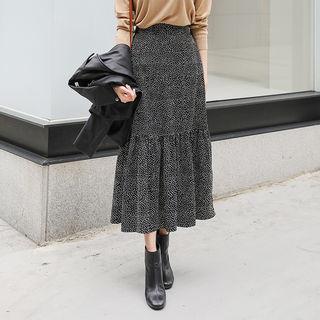 Ruffle-hem Polka-dot Long Skirt