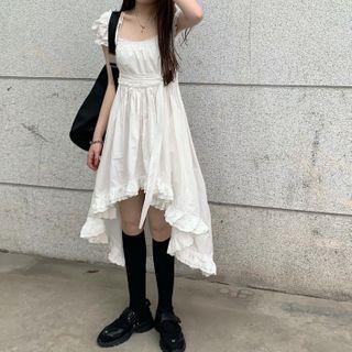 Short-sleeve Ruffled High-low A-line Dress White - One Size