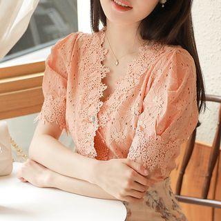 Crochet-trim Puff-sleeve Lace Blouse
