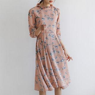 Frill-neck Tie-waist Floral Dress