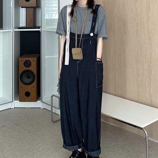 Elbow-sleeve Plain T-shirt / Denim Jumper Pants